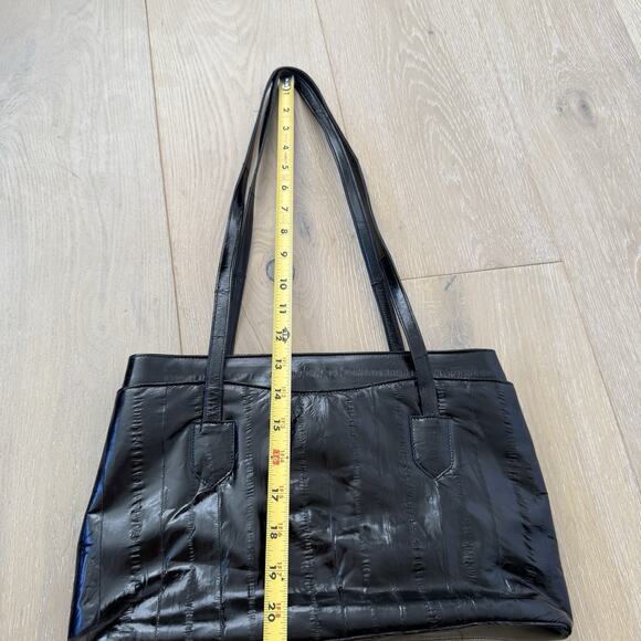 Vintage Genuine Eel Skin Leather glossy ribbed Black Shoulder Bag Purse - Picture 5 of 8